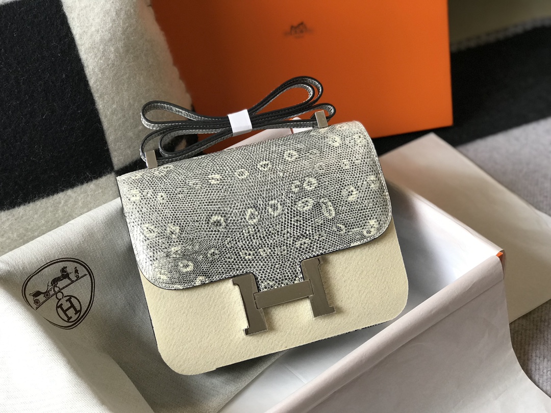 [TOP] HERMES Constance lizard bag 18CM- White & SHW