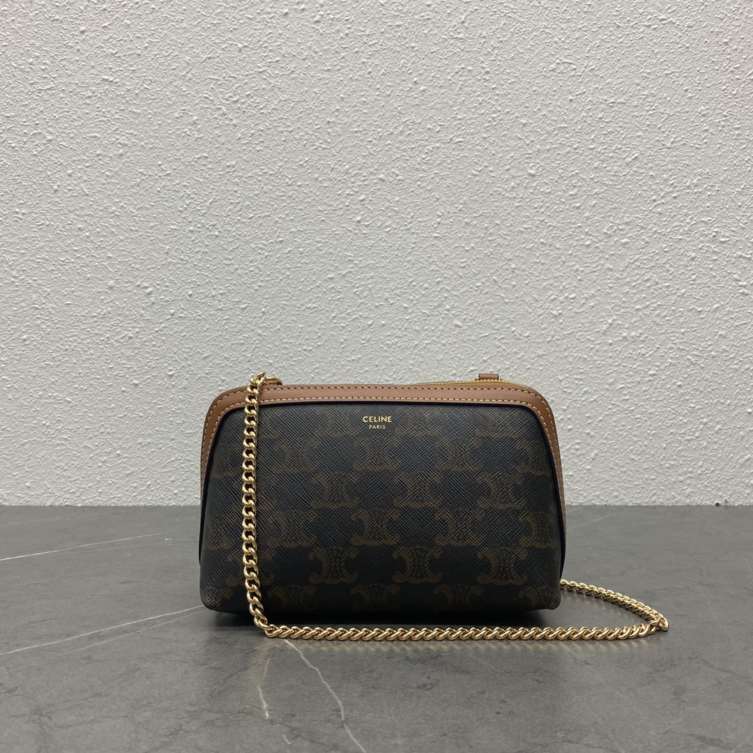[TOP] CELINE Triomphe Monogram Bag With Chain 16-11-8cm