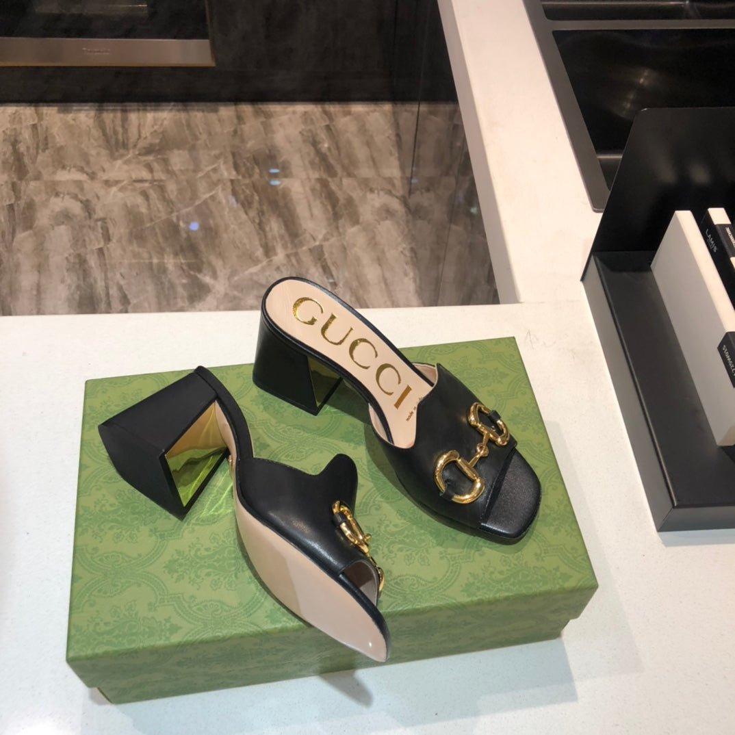 [TOP] GUCCI G*G Horsebit Slide Sandal Block Heels - Black