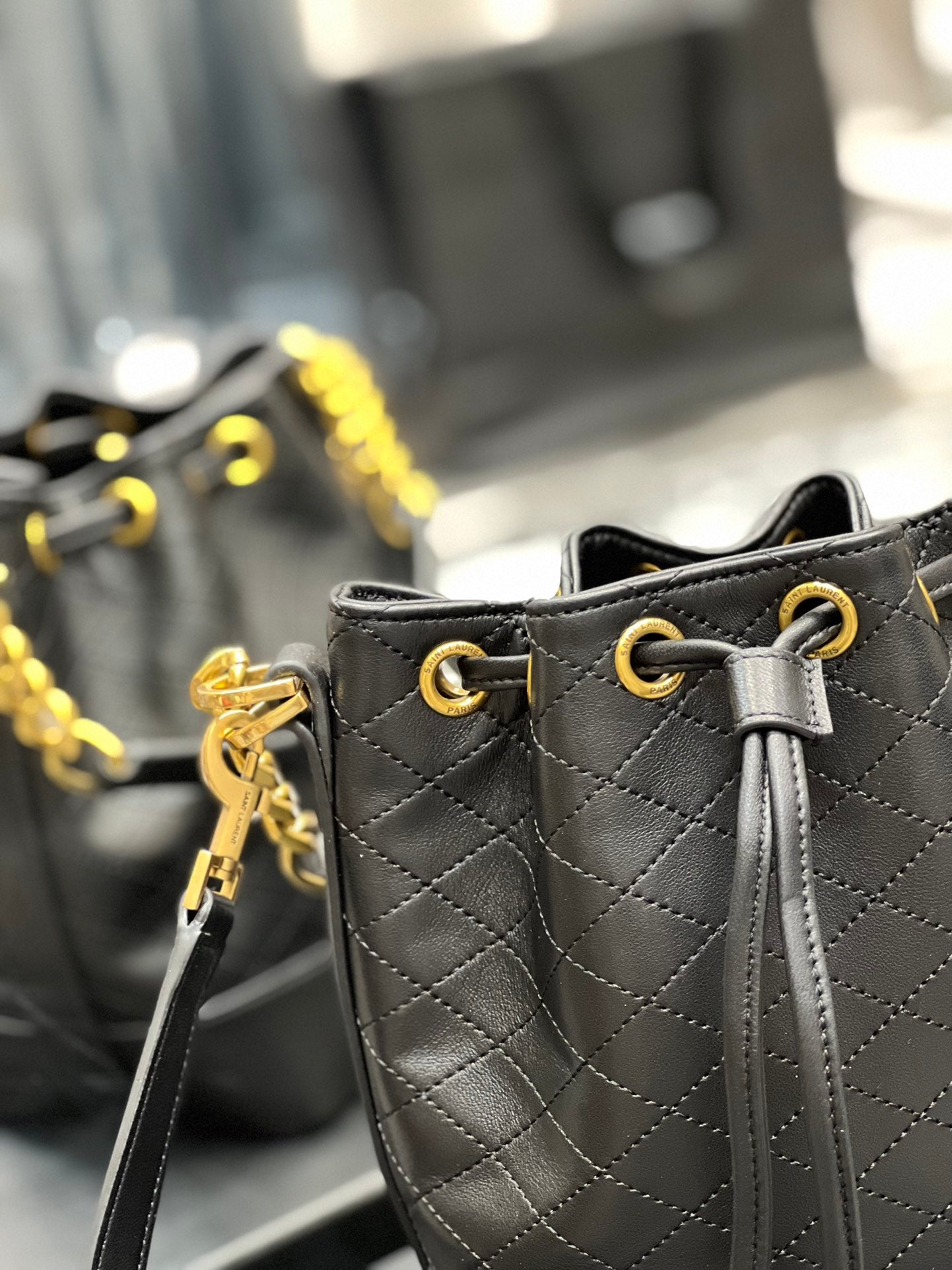 [TOP] Yves Saint Laurent YSL Emmanuelle Small Quilted Lambskin Bucket Bag - Black