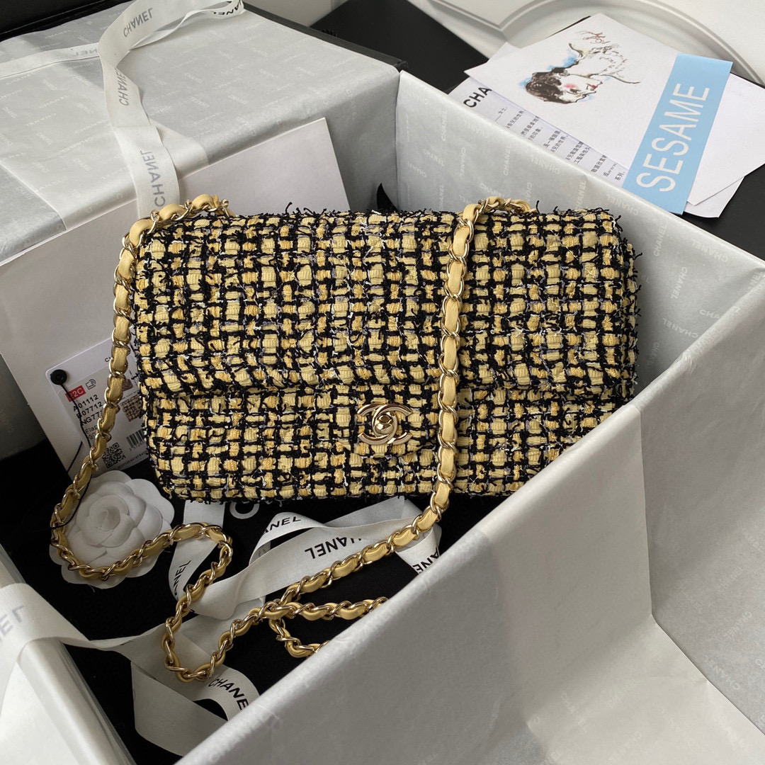 [TOP] CHANEL Classic Flap Bag Tweed Medium 25.5cm - Yellow &  GHW
