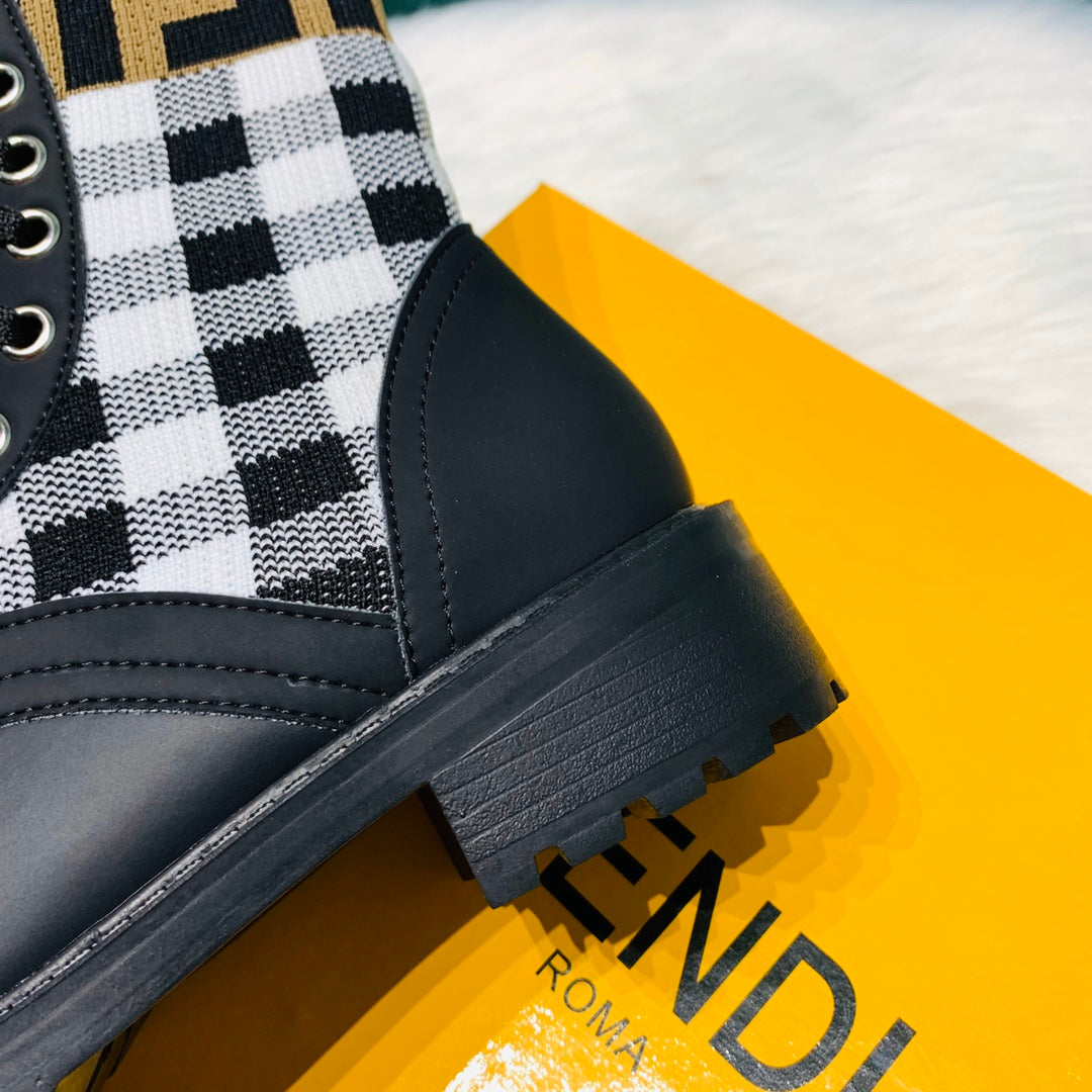 [TOP] FENDI Gingham Sock Lace Up Boots - Black and White Checkers