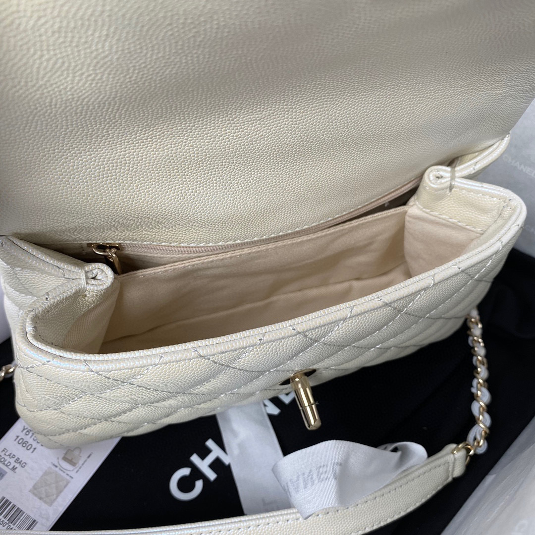 [TOP] CHANEL CoCo Handle Bag Carviar Medium 23cm - Pearl White & GHW