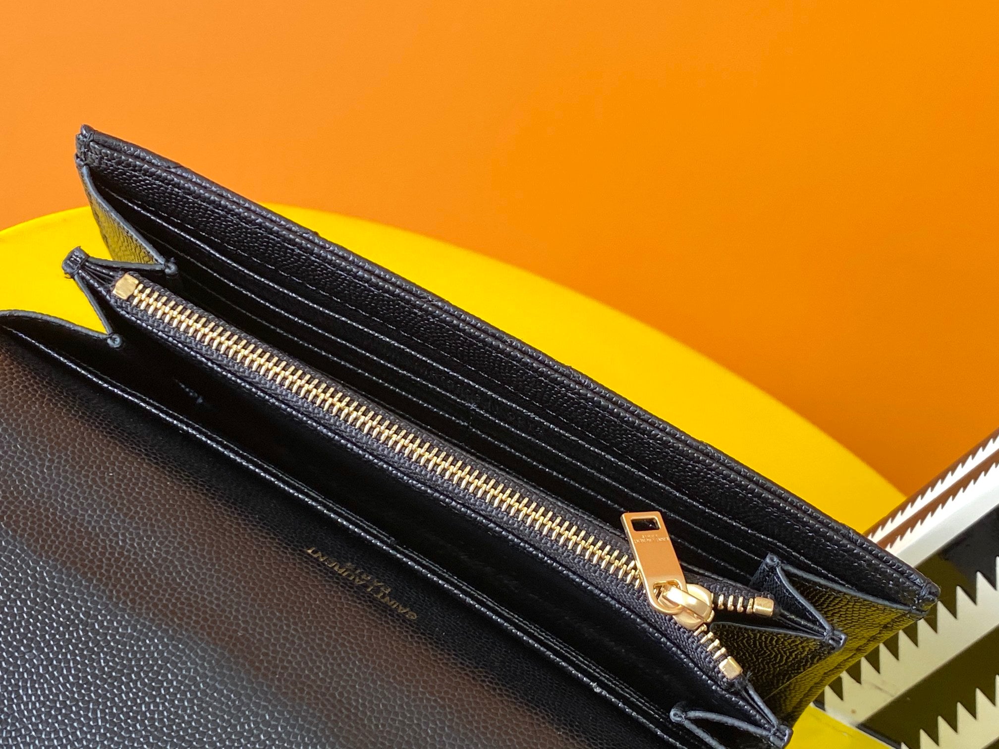 [TOP] Yves Saint Laurent YSL Chevron Quilted Grained Leather Metalsse Wallet - Black w GHW