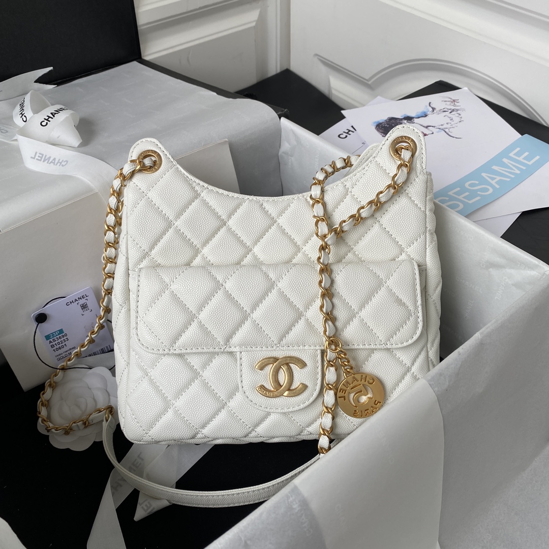 [TOP] CHANEL Hobo Bag 17×19×6cm/21.5×22.5×7cm - GHW - White
