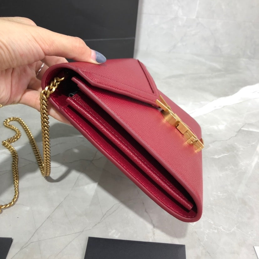 [TOP] Yves Saint Laurent YSL Cassandra Chain Wallet Grain Leather - Red
