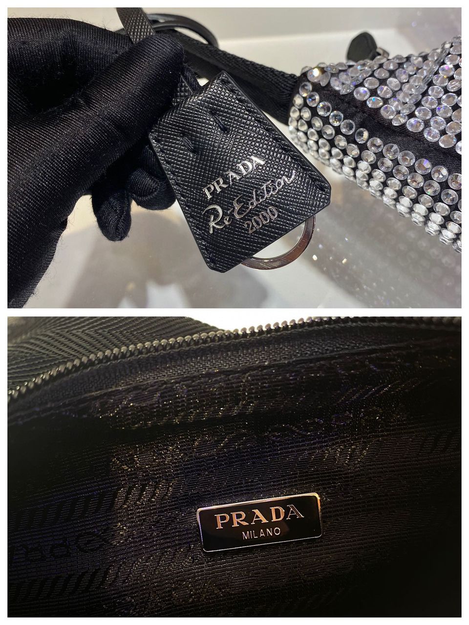 [TOP] PRADA Re-Edition 2000 Bag Bling Bling Hobo Bag  - Black