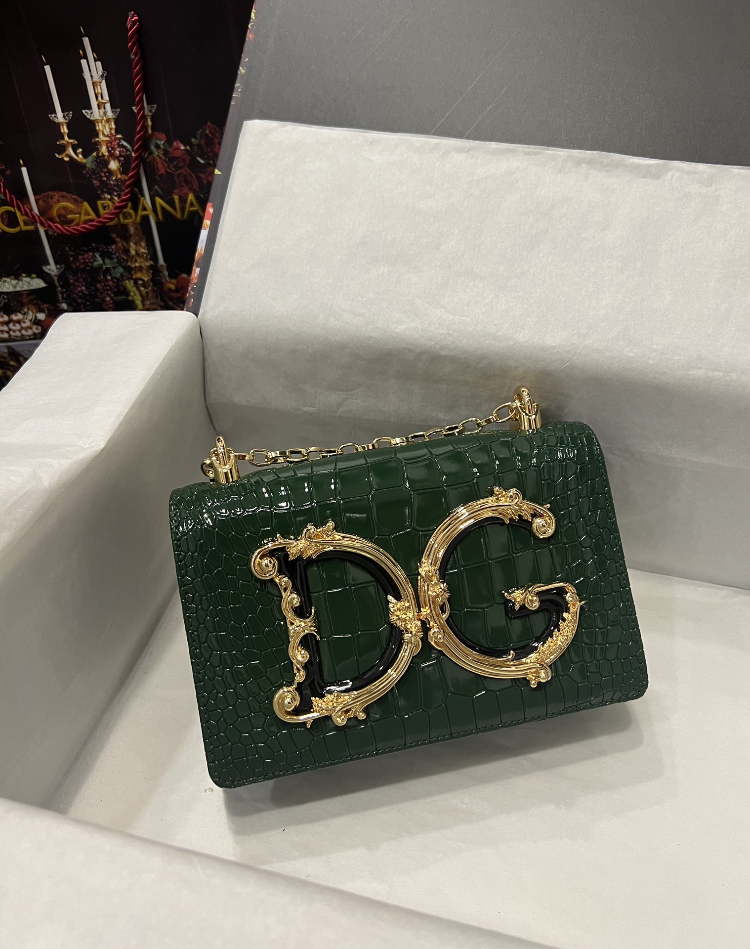 [TOP] Dolce & Gabbana D&G Crocodile-print Calfskin DG Girls Bag 21*4*15 - Green