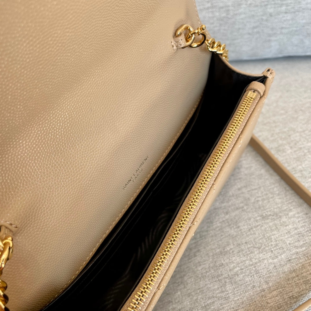 [TOP] Yves Saint Laurent YSL Envelope Chain Wallet Grain Leather - Beige