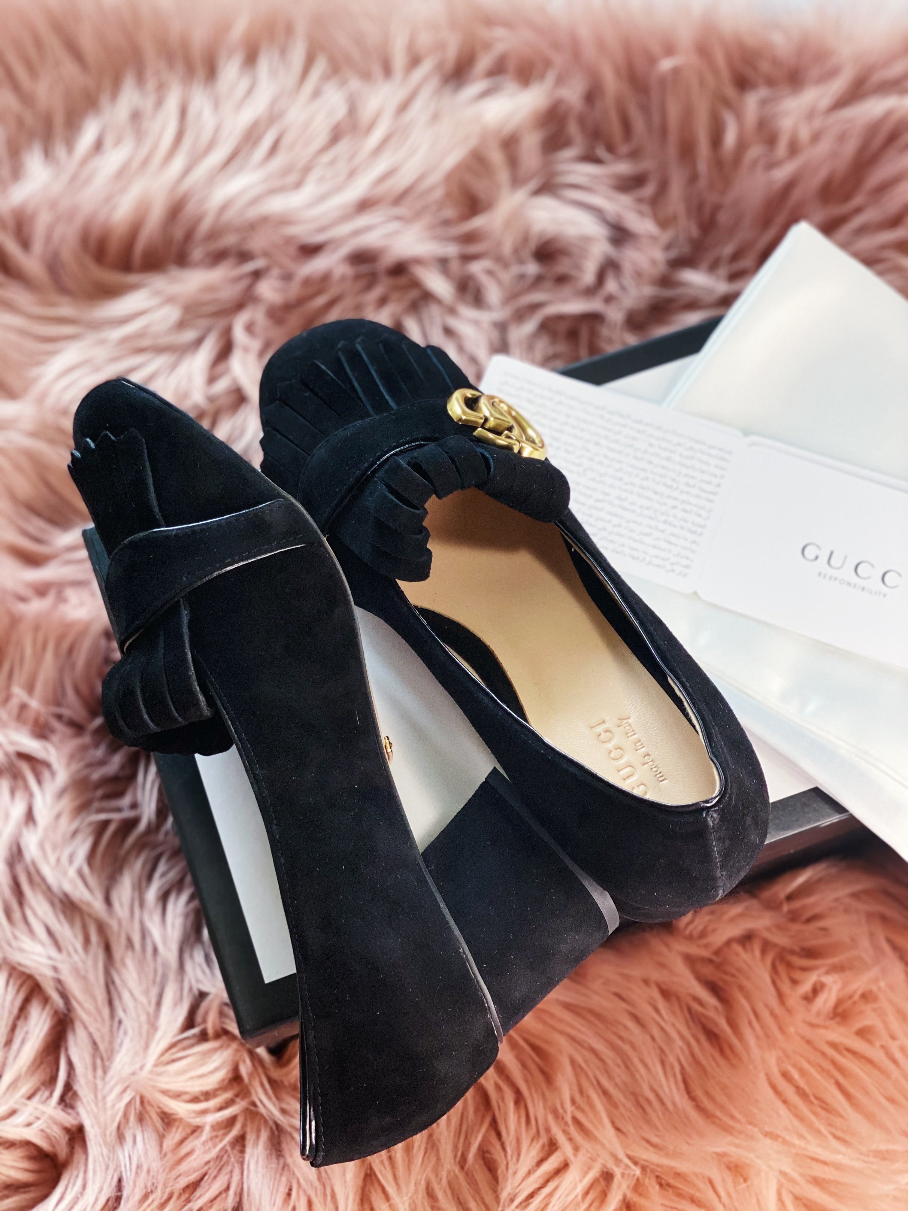 [TOP] GUCCI GG Marmont Suede Pump Midheels - Black