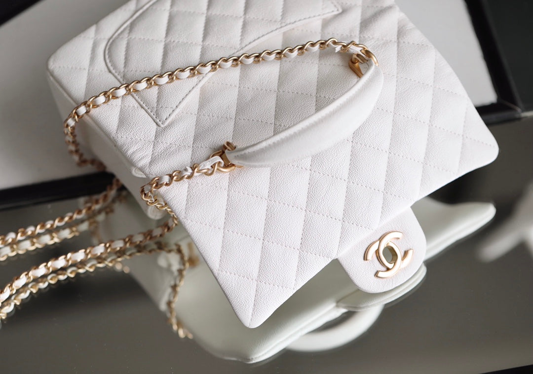 [TOP] CHANEL Classic Flap Bag Caviar Top Handle Mini 20CM - White & GHW