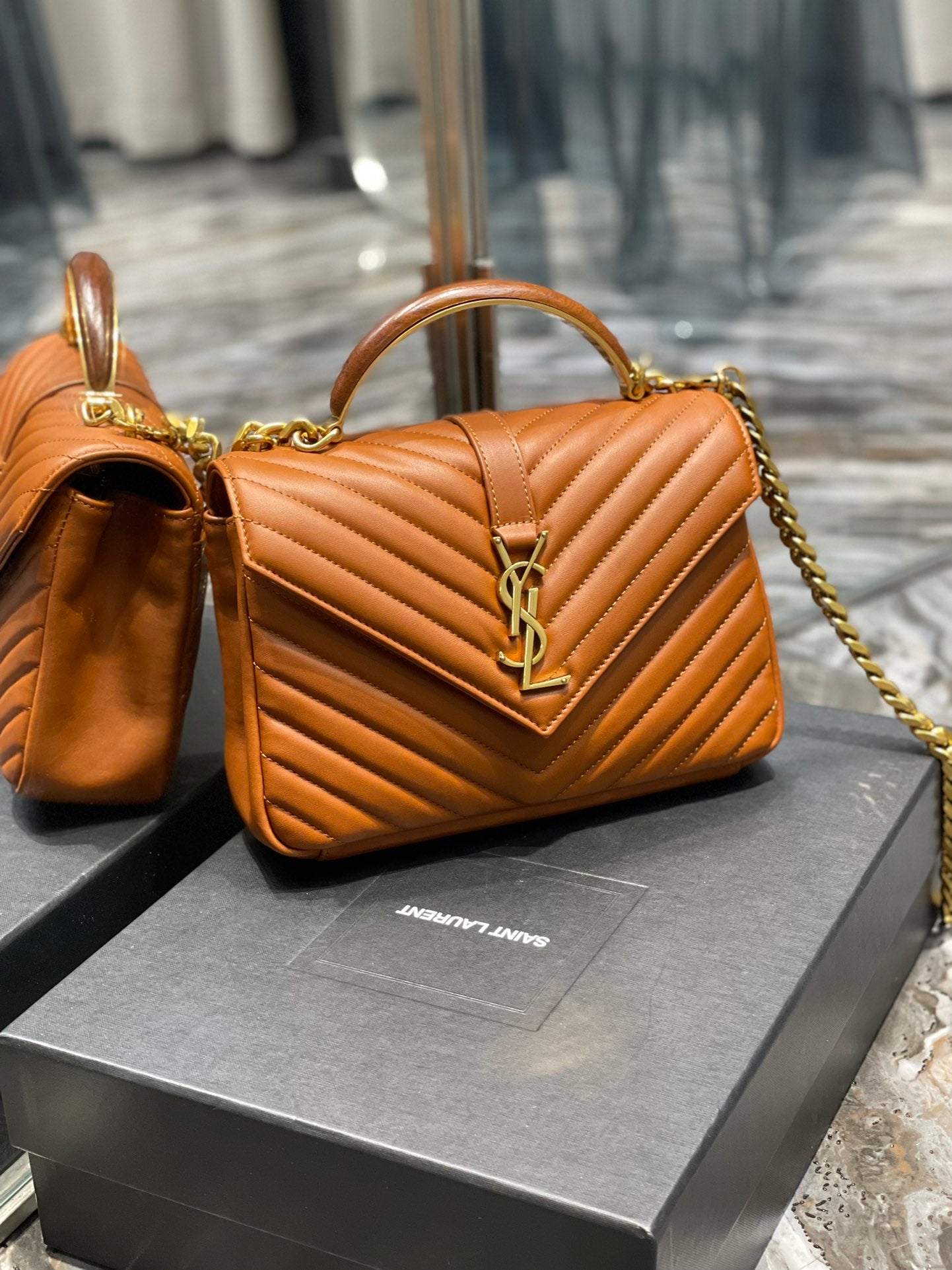 [TOP] Yves Saint Laurent YSL College Wooden Top Handle Leather Small Bag - Brown