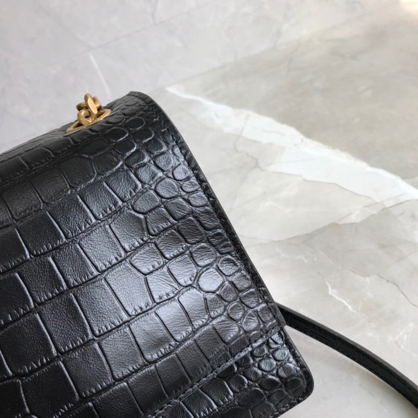 [TOP] Yves Saint Laurent YSL Medium Monogramme Sunset Croc Bag 22x8x16cm - Black