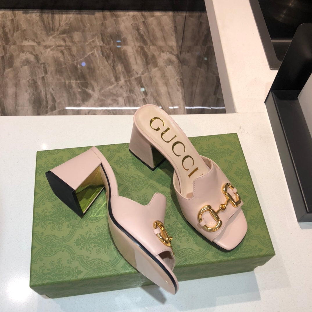 [TOP] GUCCI G*G Horsebit Slide Sandal Block Heels - Light Pink