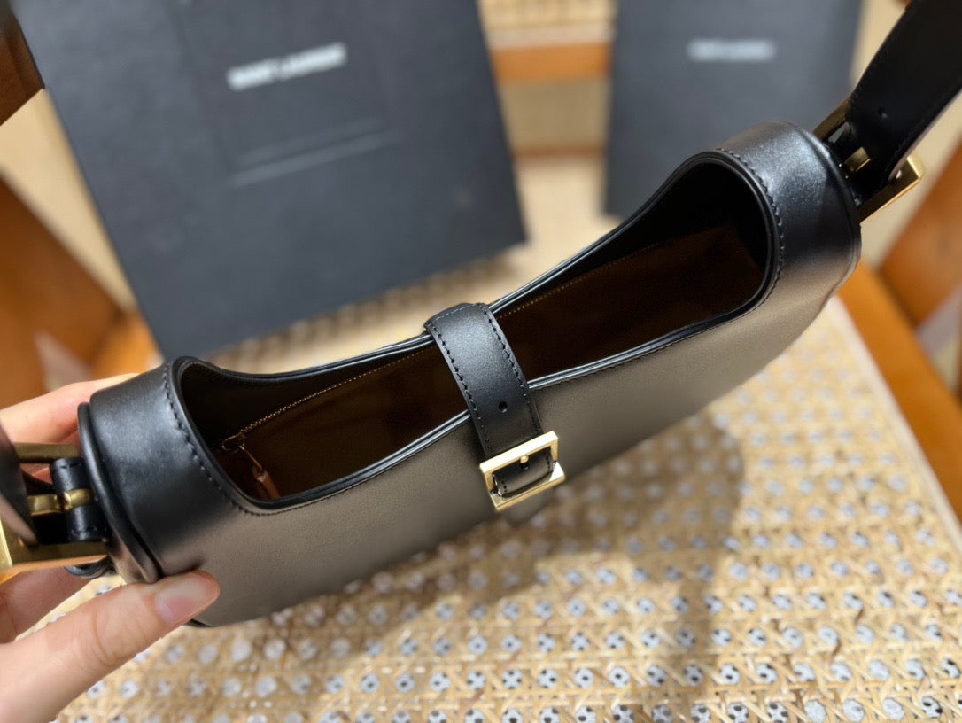 [TOP] Yves Saint Laurent YSL Le Fermoir Leather Shoulder Bag - Black