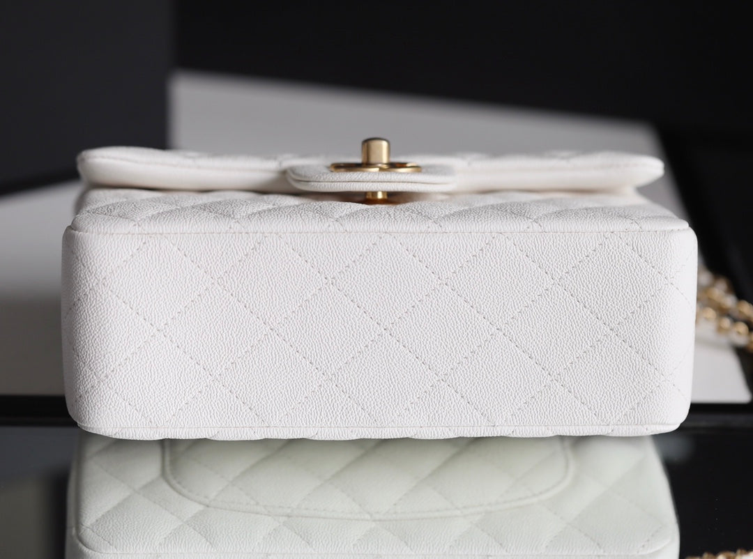 [TOP] CHANEL Classic Flap Bag Caviar Top Handle Mini 20CM - White & GHW