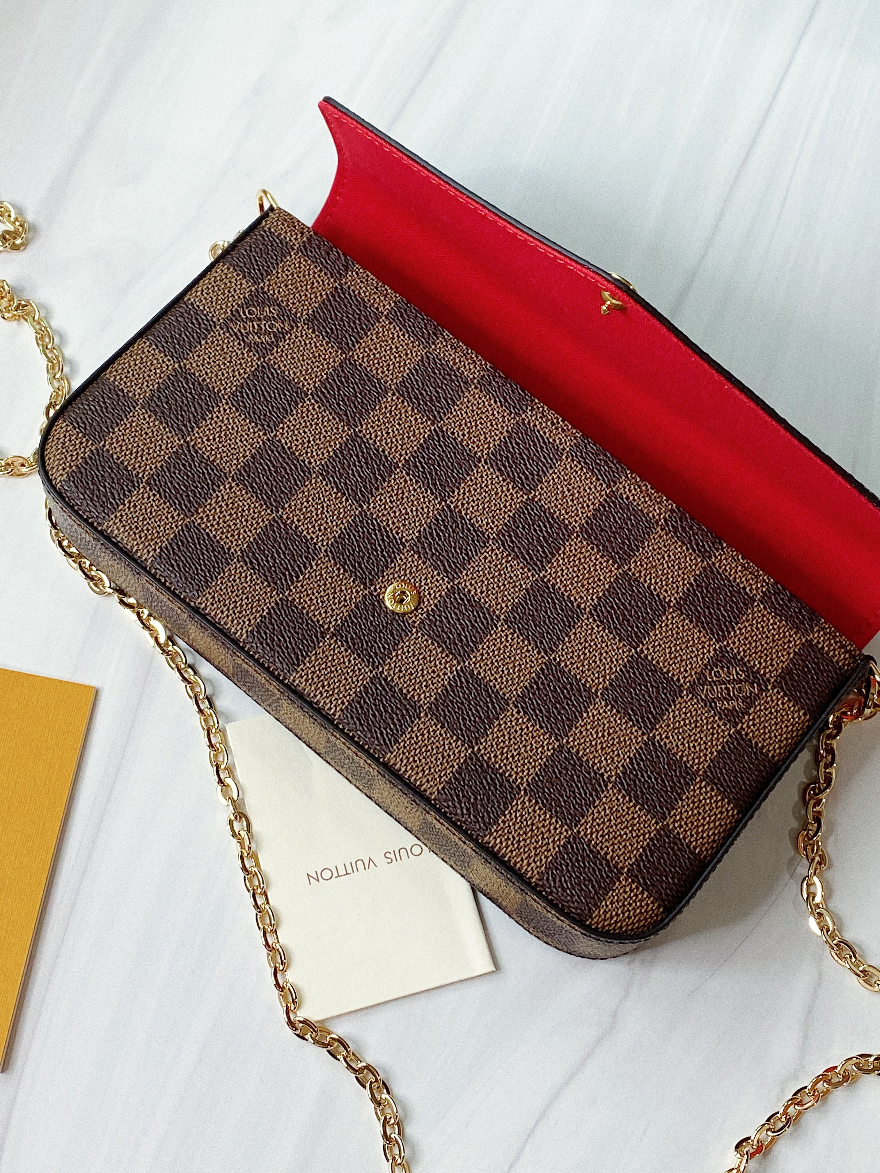 [TOP] Louis Vuitton LV £V Felicie Damier Ebene Bag 21X12X3cm - Red