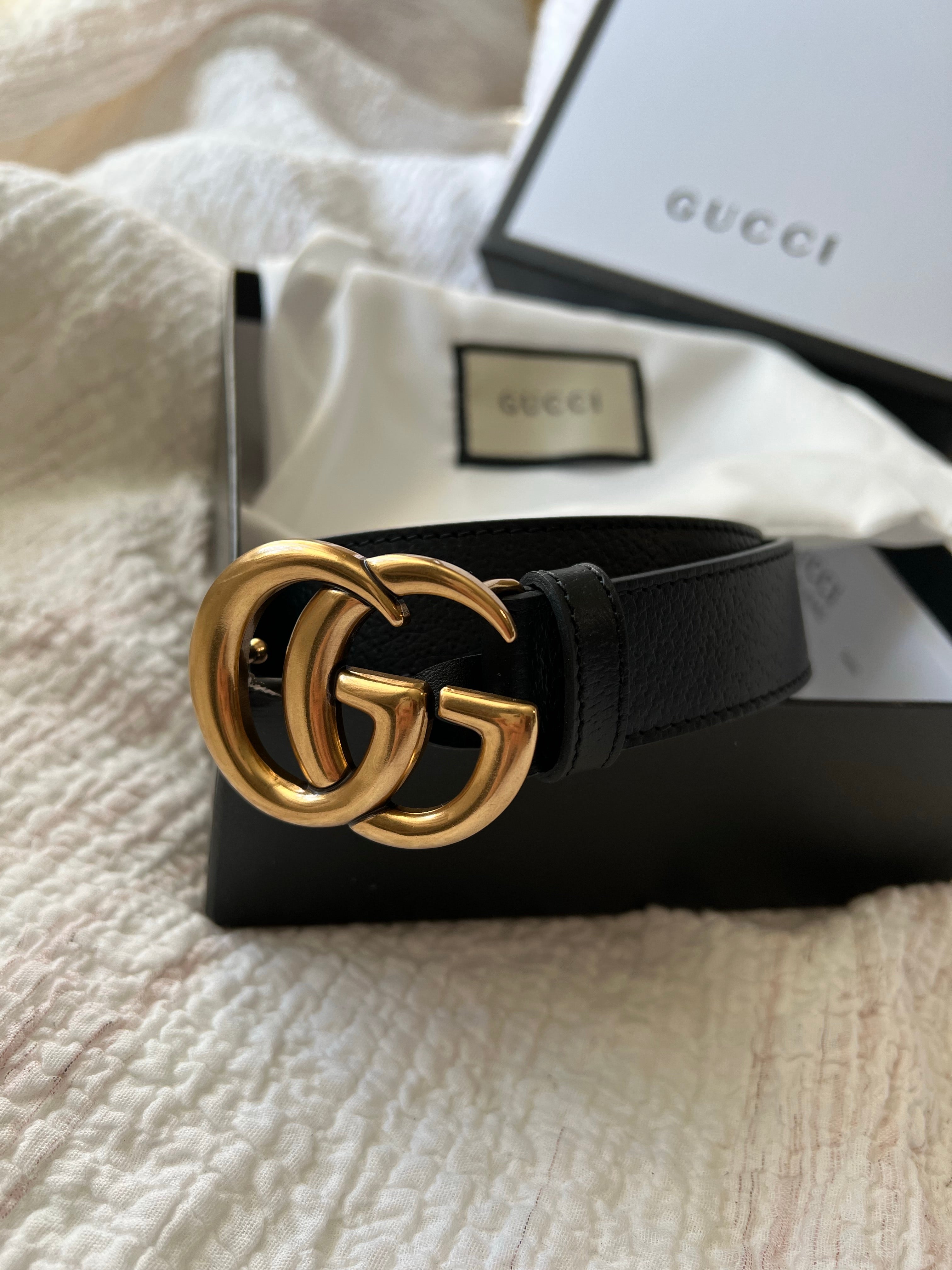 [TOP] GUCCI GG Marmont Texture Leather Belt 3CM Width - Black