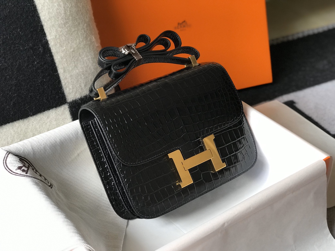 [TOP] HERMES Constance Crocodile Bag 18CM 23CM - Black& GHW