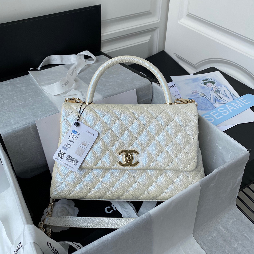 [TOP] CHANEL CoCo Handle Bag Carviar Large 29cm - Pearl White & GHW