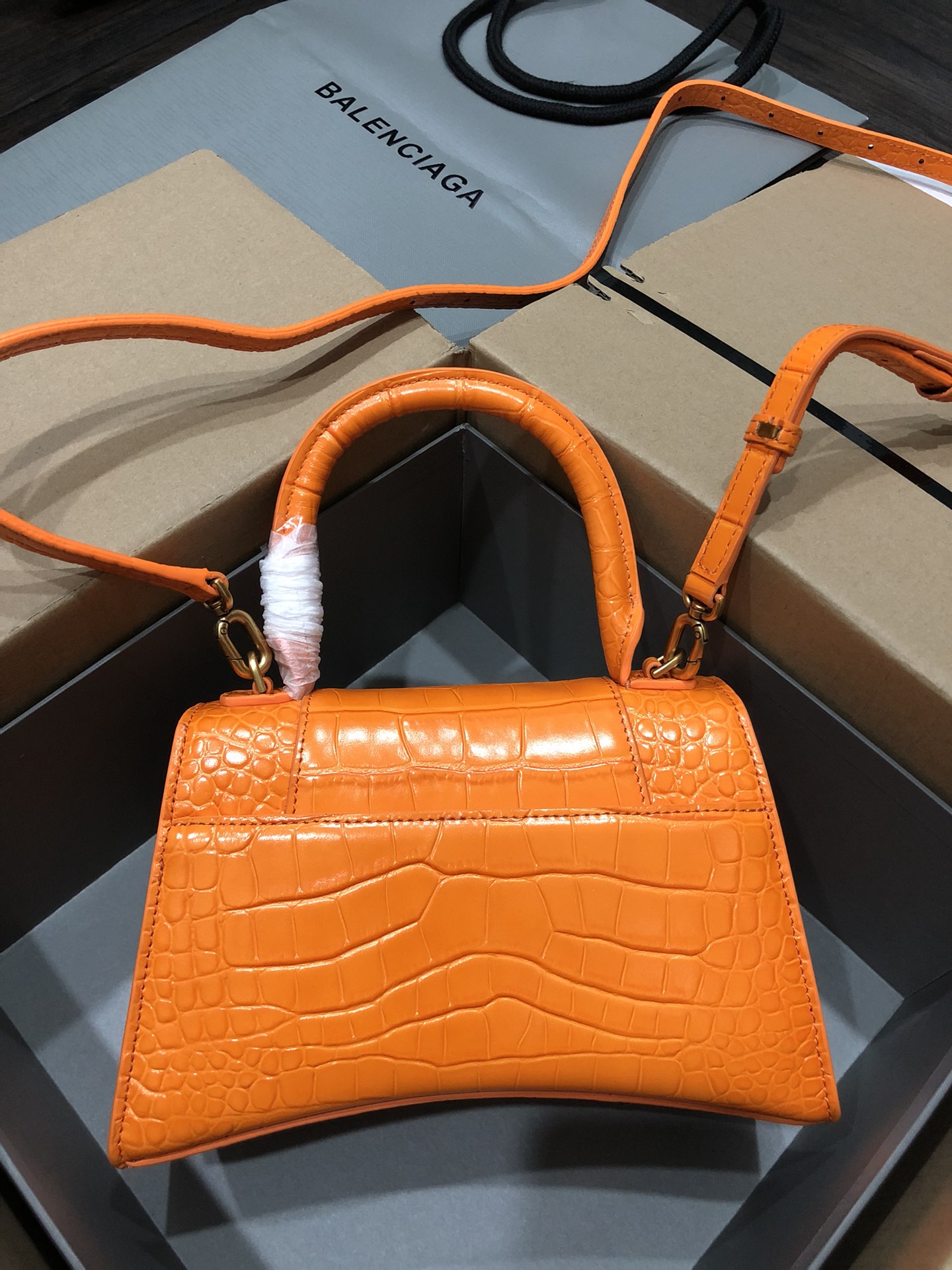 [TOP] BALENCIAGA Crocodile-Print Hourglass Bag 19/23cm - Orange