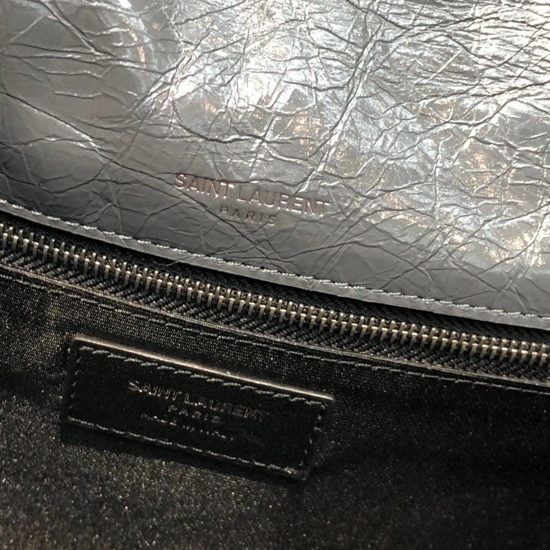[TOP] Yves Saint Laurent YSL Medium Niki Wrinkles Leather Bag - Stormy Grey
