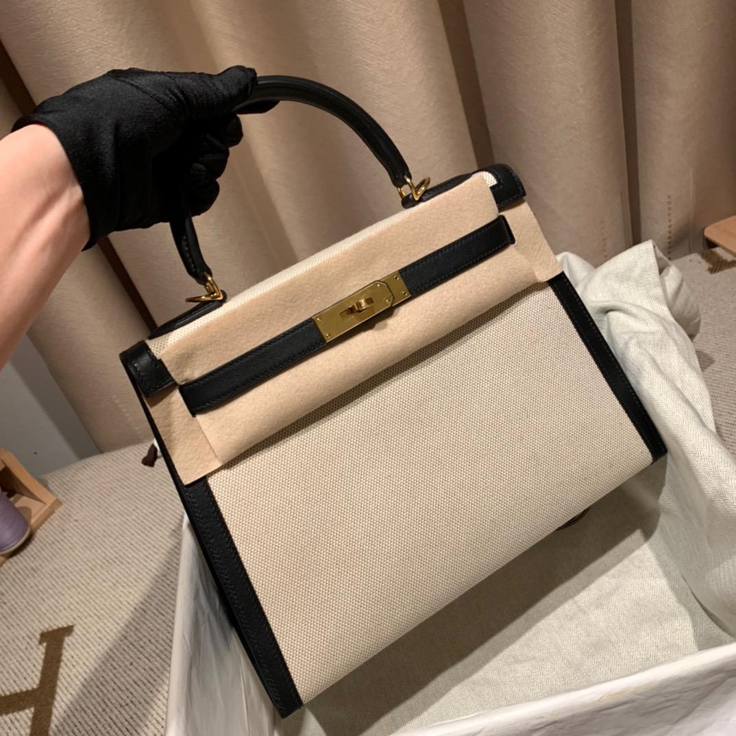 [TOP] HERMES Kelly 28cm Swift/Toile H 89 Black Gold Buckle Canvas