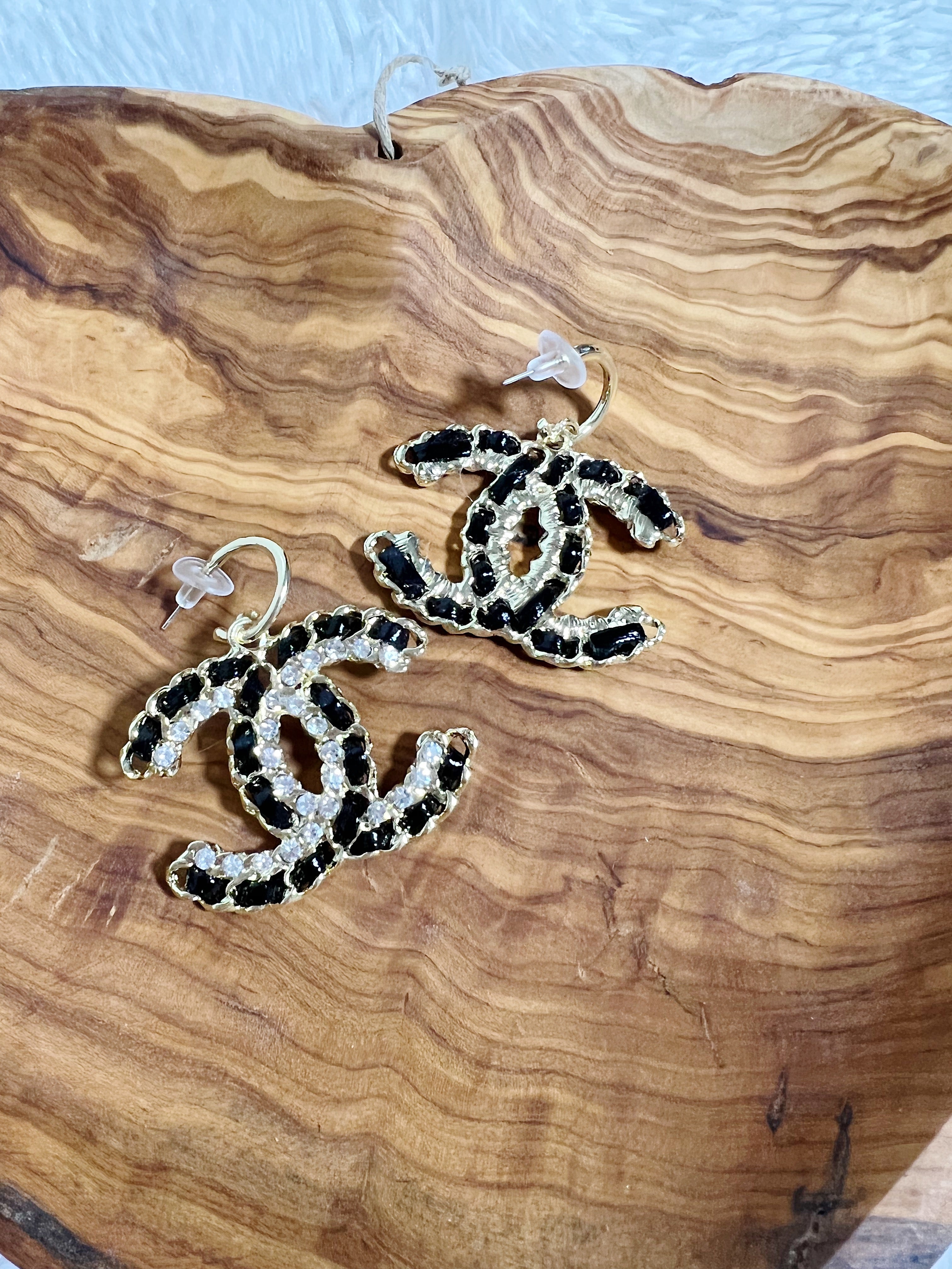 [TOP] CHANEL Dangle Hoop Earrings W Stones - Black