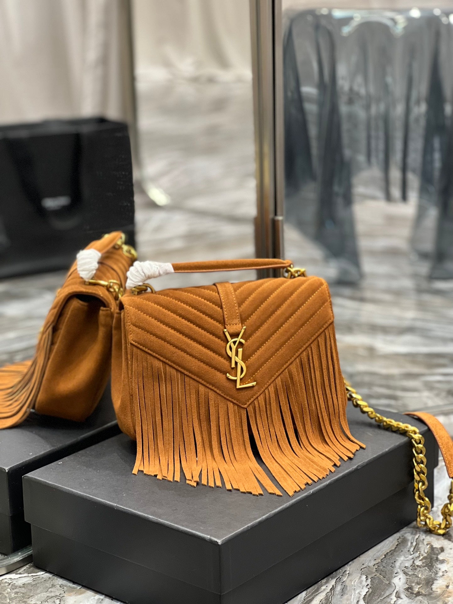 [TOP] Yves Saint Laurent YSL College Fringe Suede Small Bag - Brown GHW