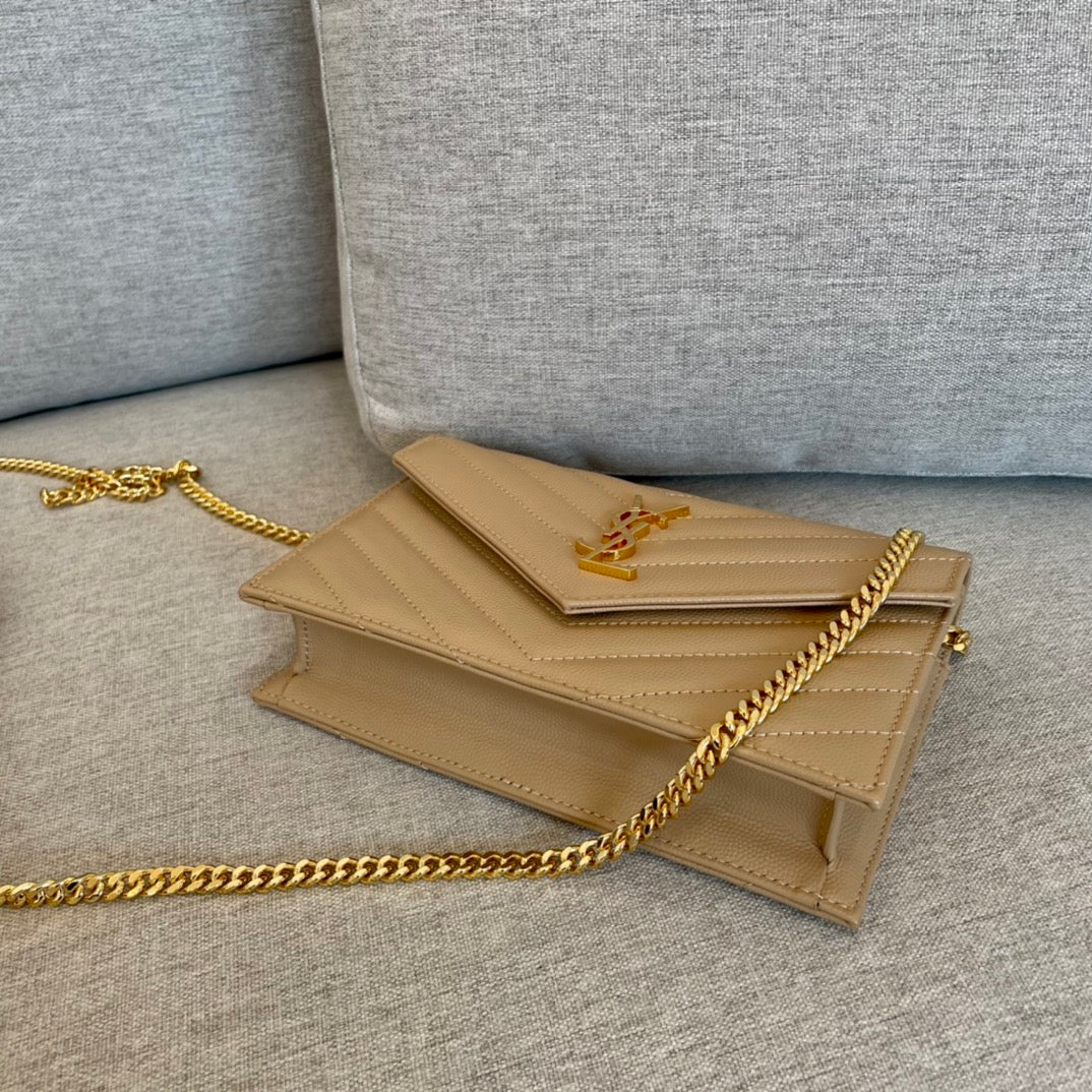 [TOP] Yves Saint Laurent YSL Envelope Chain Wallet Grain Leather - Beige