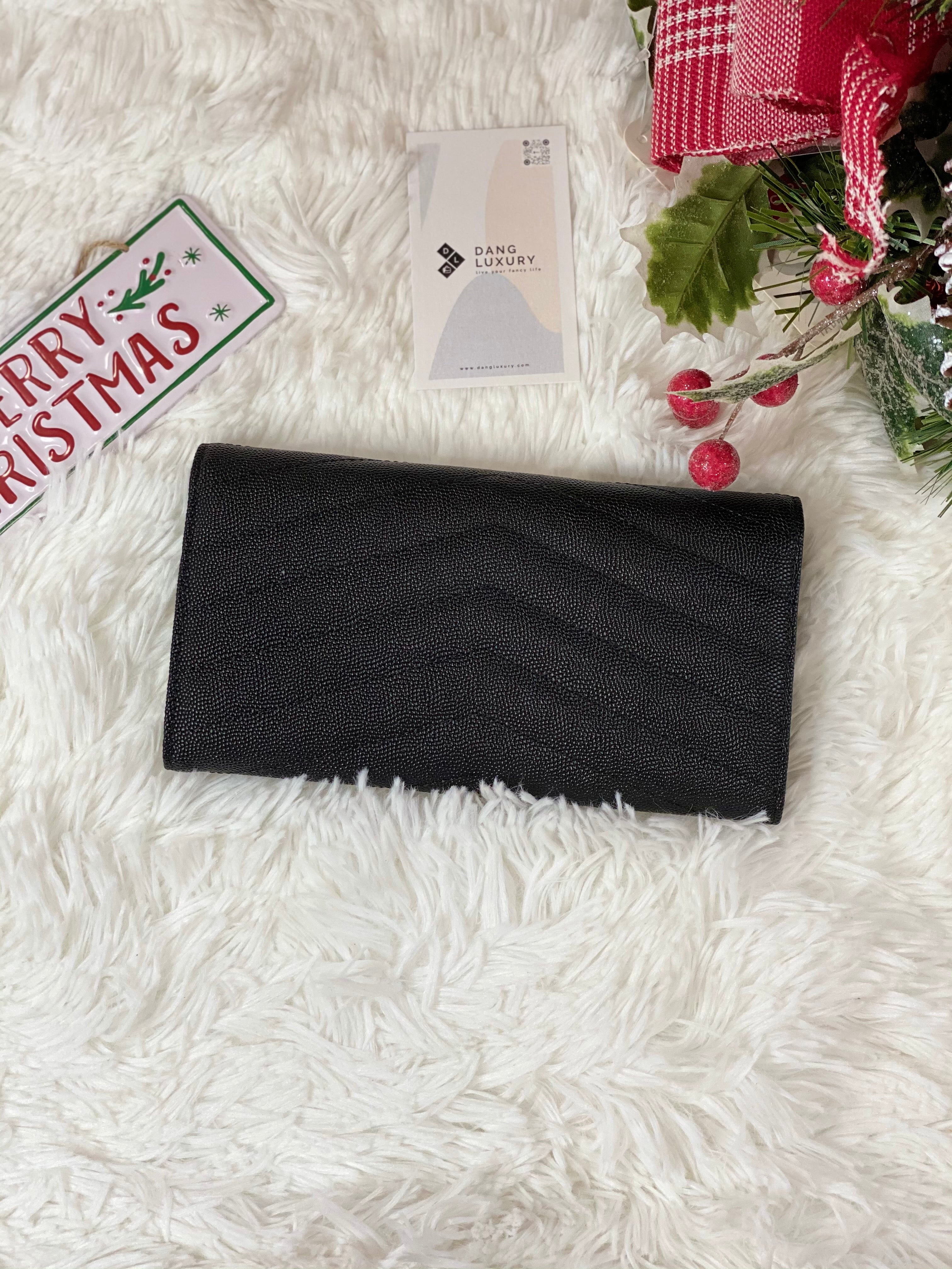 [TOP] Yves Saint Laurent YSL Black YSL Chevron Quilted Grained Leather Metalsse Wallet - ALL BLACK