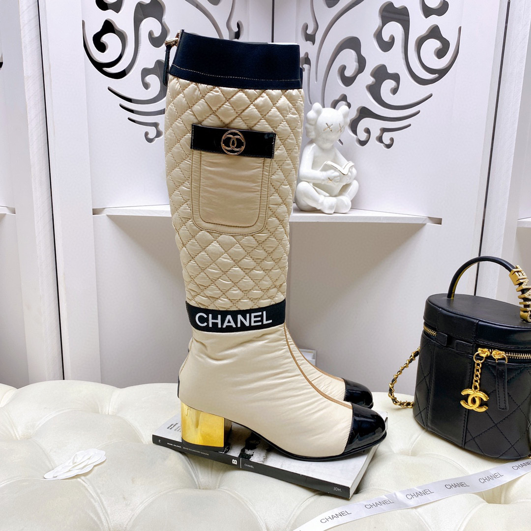 [TOP] CHANEL Lambskin Boots 5cm Heels - white/Black/Beige