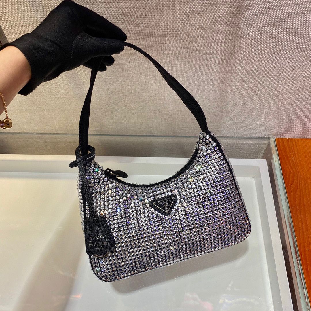 [TOP] PRADA Re-Edition 2000 Bag Bling Bling Hobo Bag  - Black