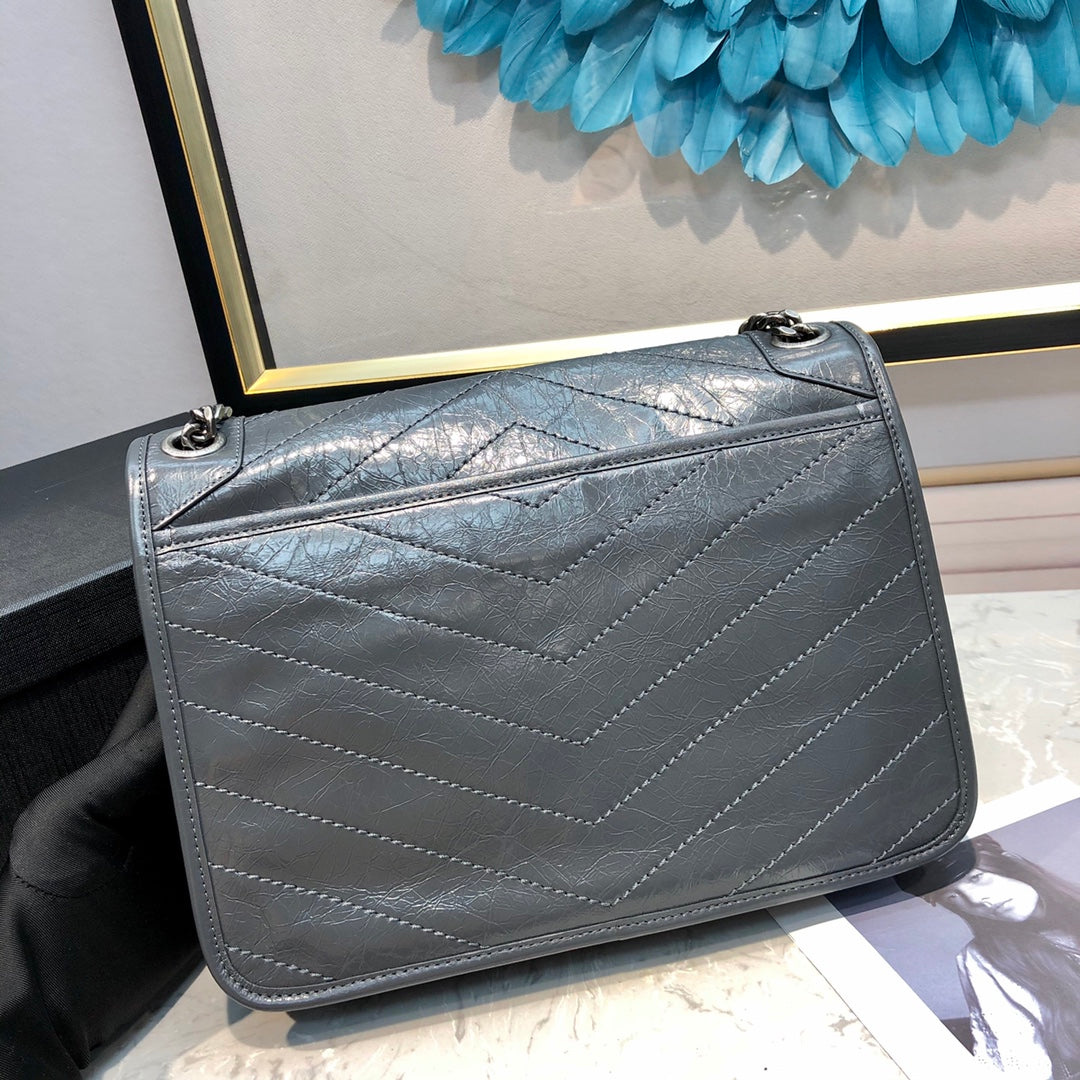 [TOP] Yves Saint Laurent YSL Medium Niki Wrinkles Leather Bag - Stormy Grey