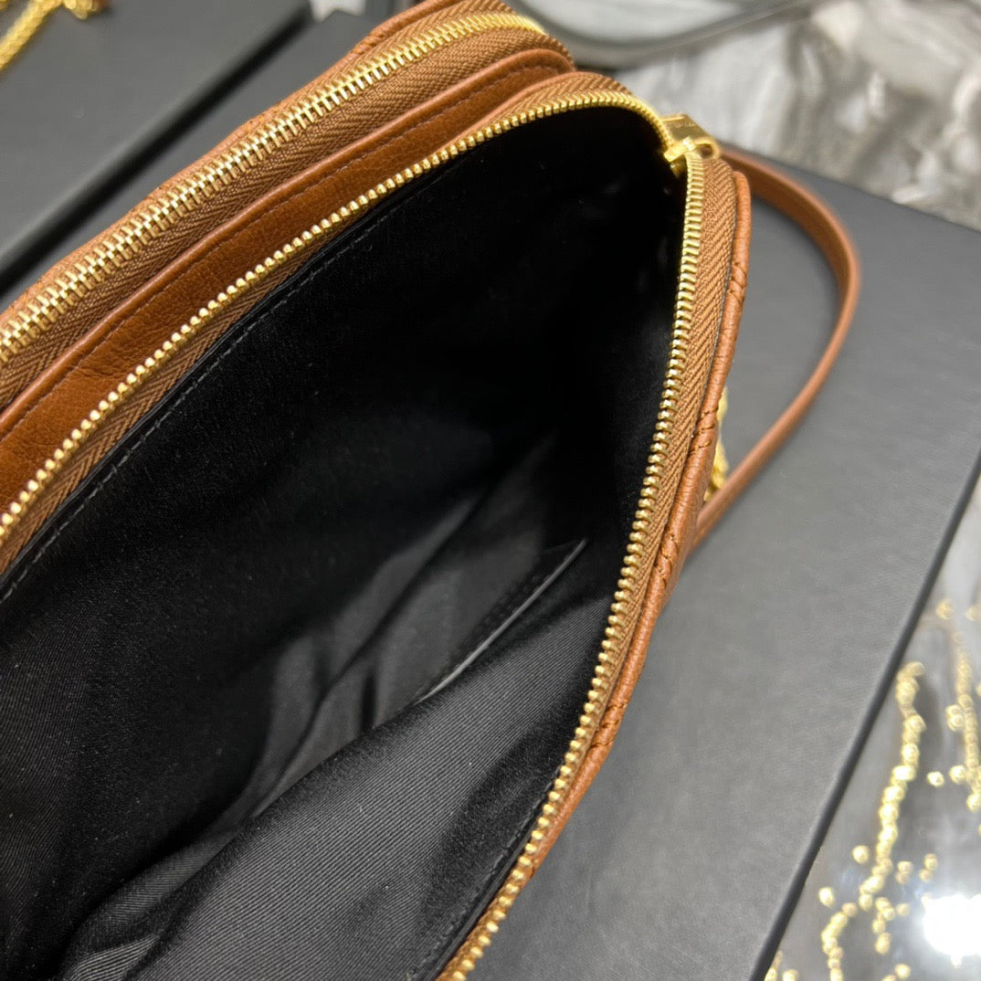 [TOP] Yves Saint Laurent YSL Beckly Double Zip Pouch Bag - Brown