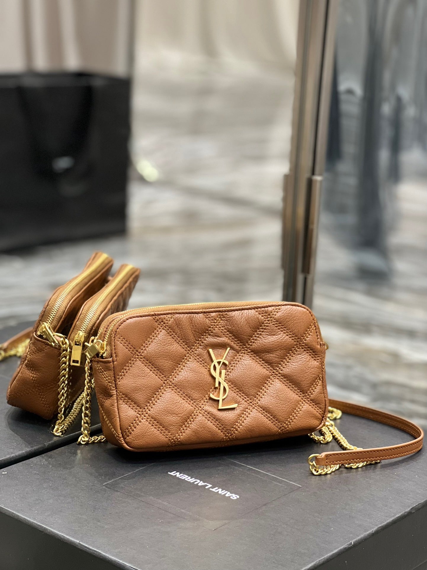 [TOP] Yves Saint Laurent YSL Beckly Double Zip Pouch Bag - Brown