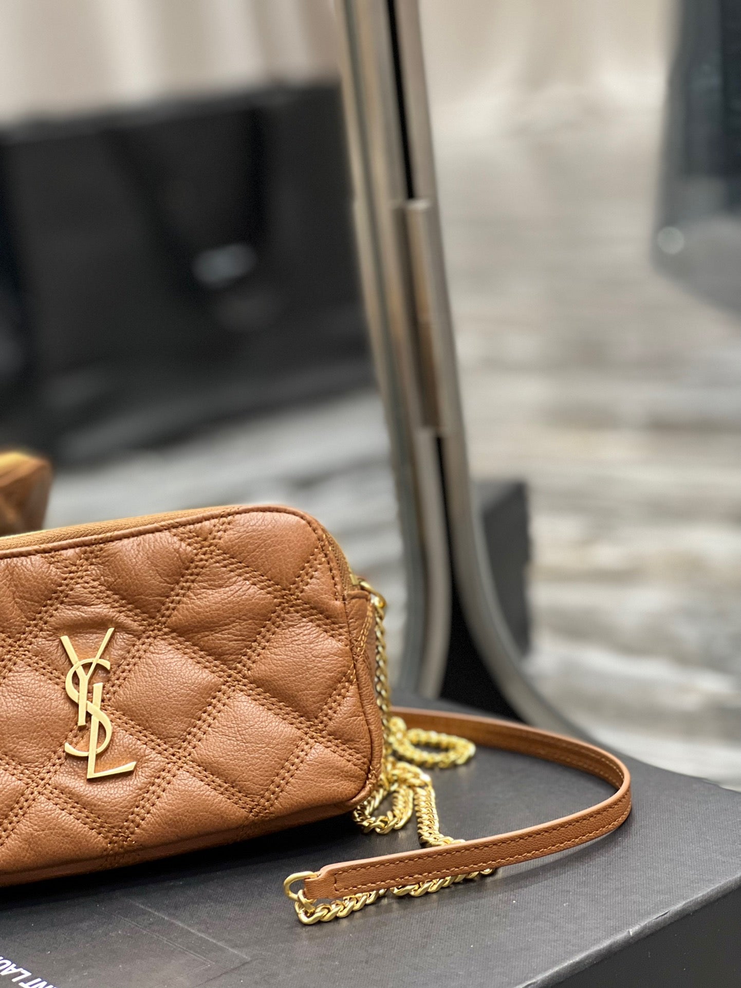 [TOP] Yves Saint Laurent YSL Beckly Double Zip Pouch Bag - Brown