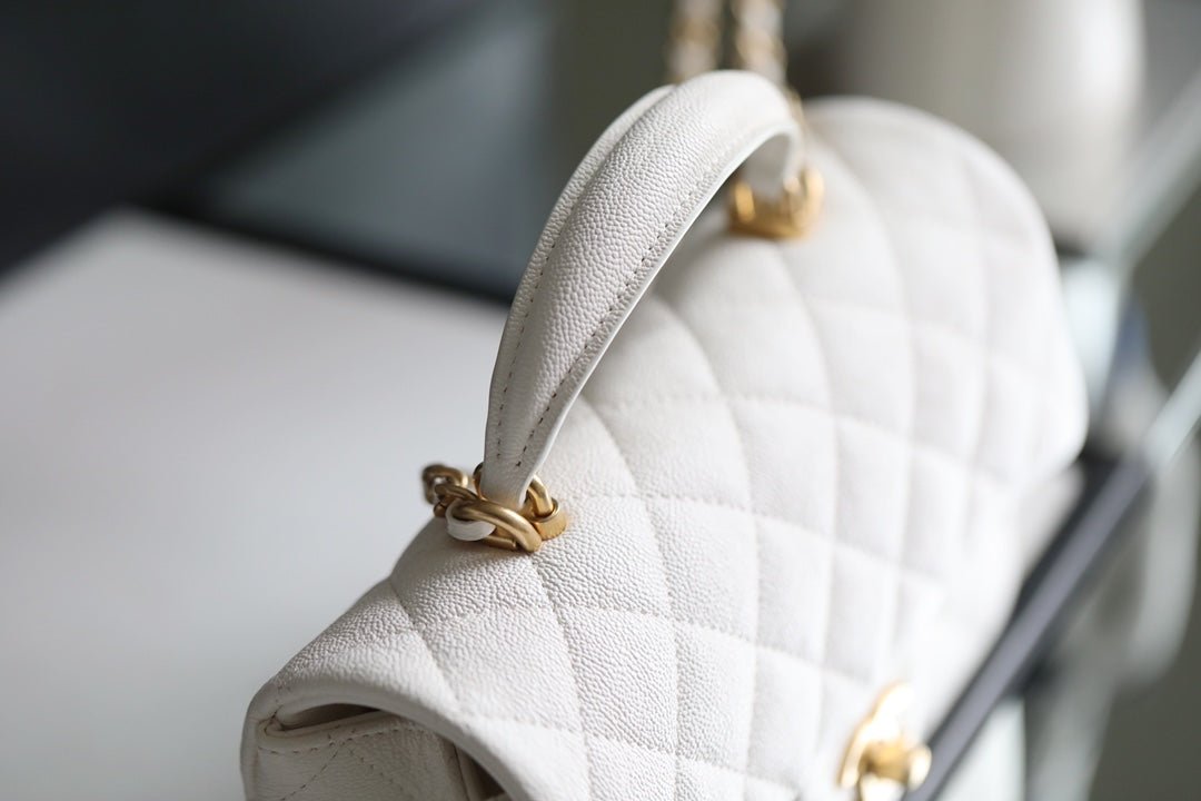 [TOP] CHANEL Classic Flap Bag Caviar Top Handle Mini 20CM - White & GHW