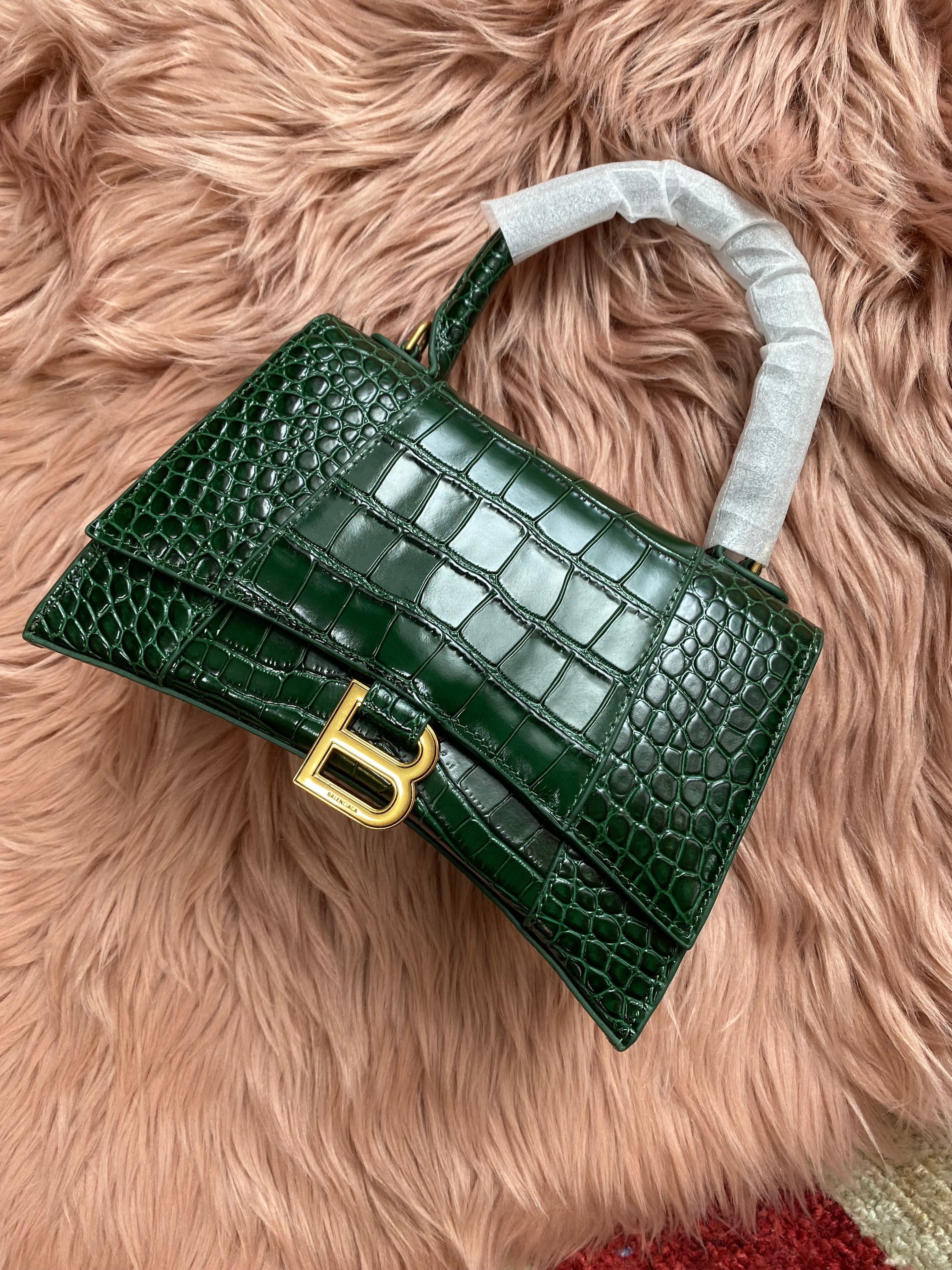 [TOP] BALENCIAGA Hourglass Small Crocodile-Effect Small Bag 23x14x10cm - Green