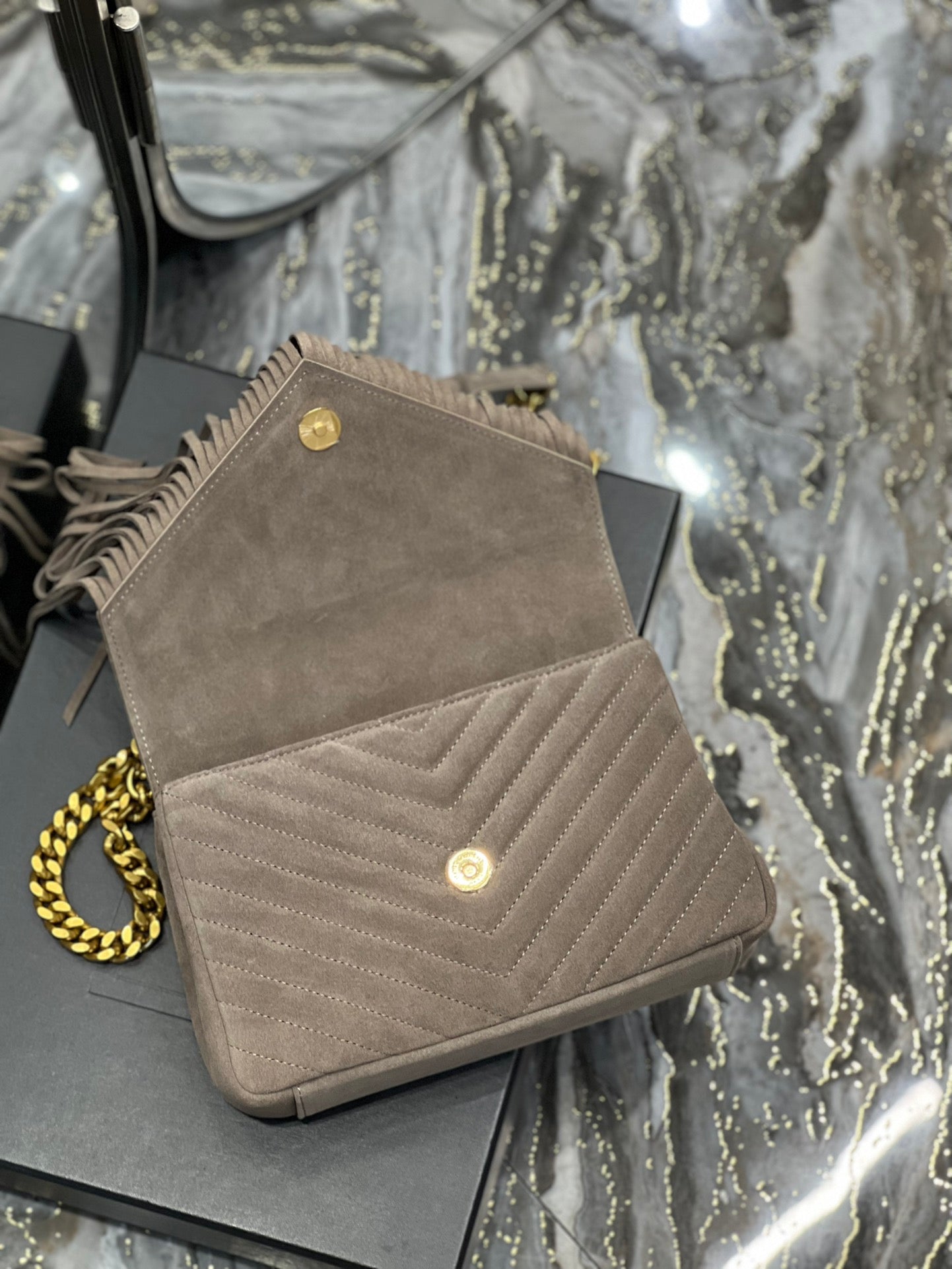 [TOP] Yves Saint Laurent YSL College Fringe Suede Small Bag - Dusty Grey GHW