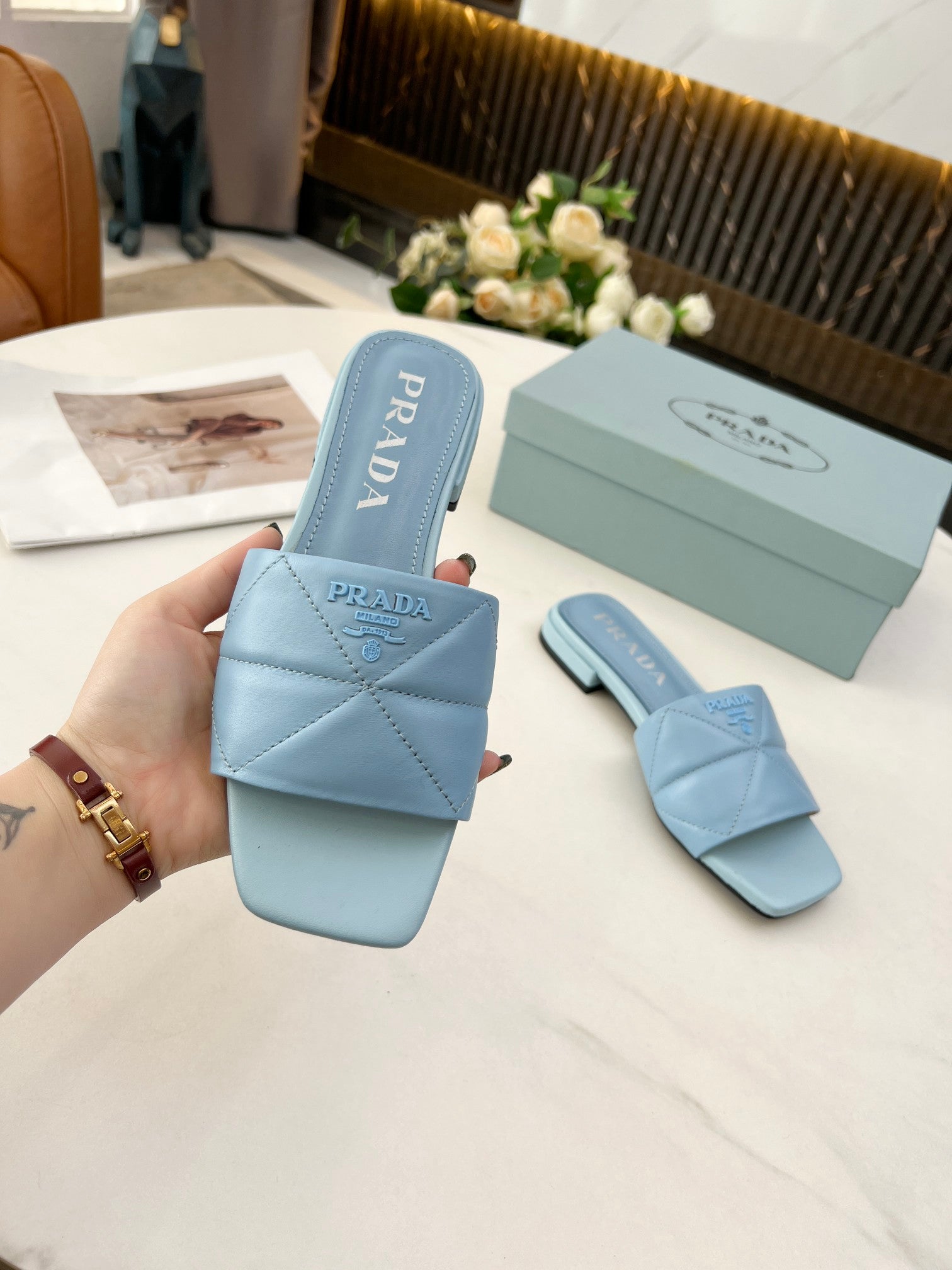 [TOP] PRADA Celeste Quilted Nappa Sandals -