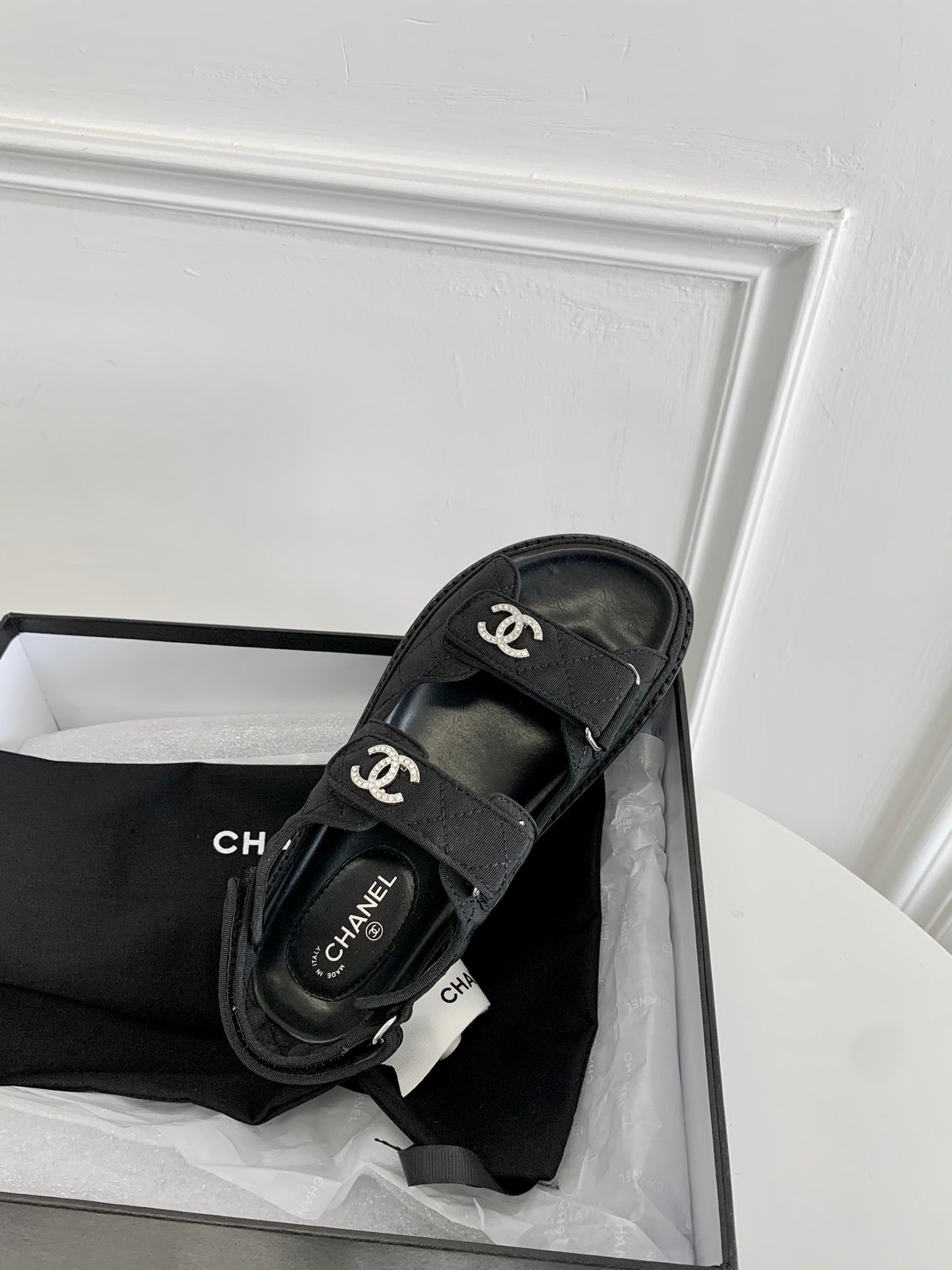 [TOP] CHANEL Dad Sandals Canvas Strappy Stones Logo - Black