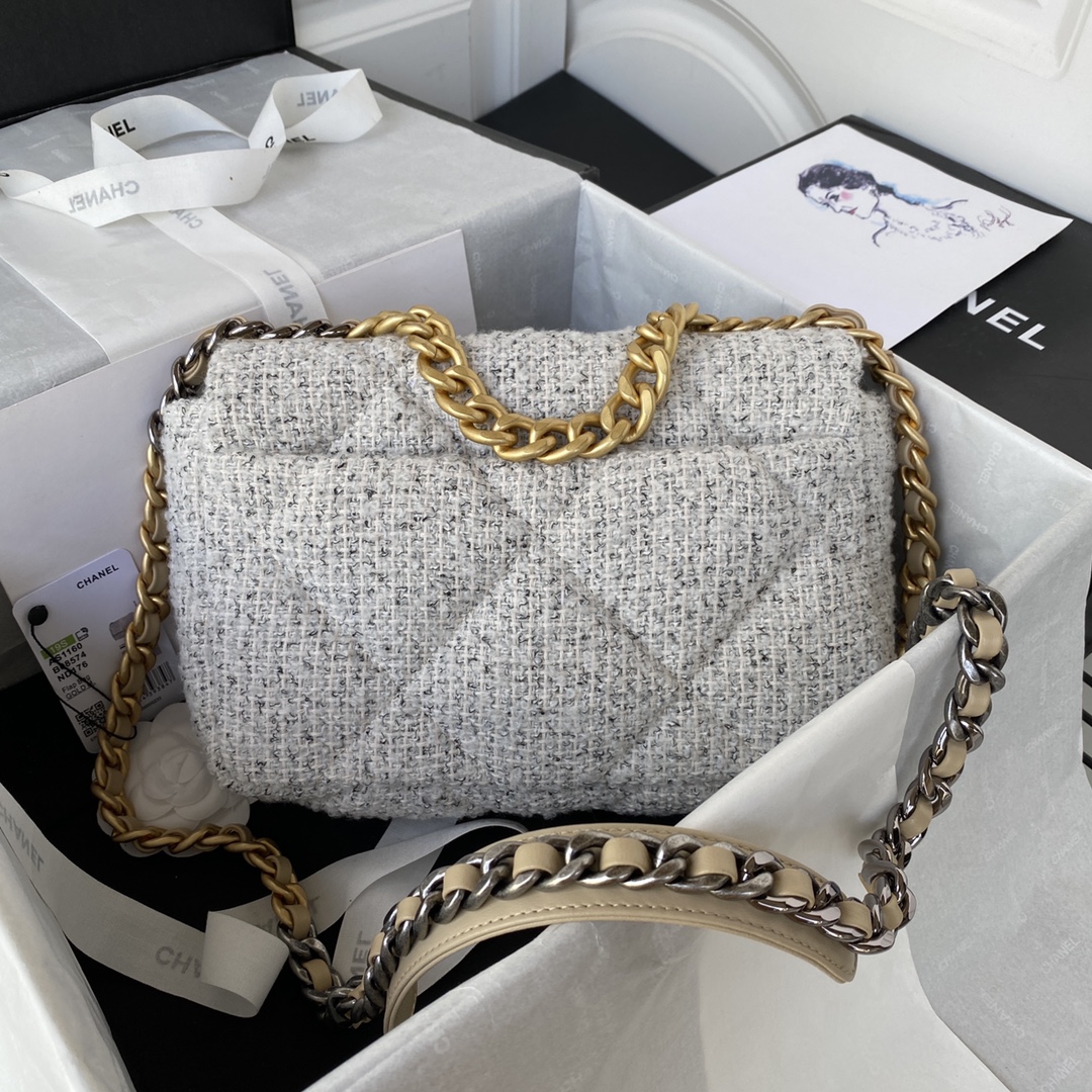 [TOP] CHANEL19 Bag Woolen 26/30cm  - White