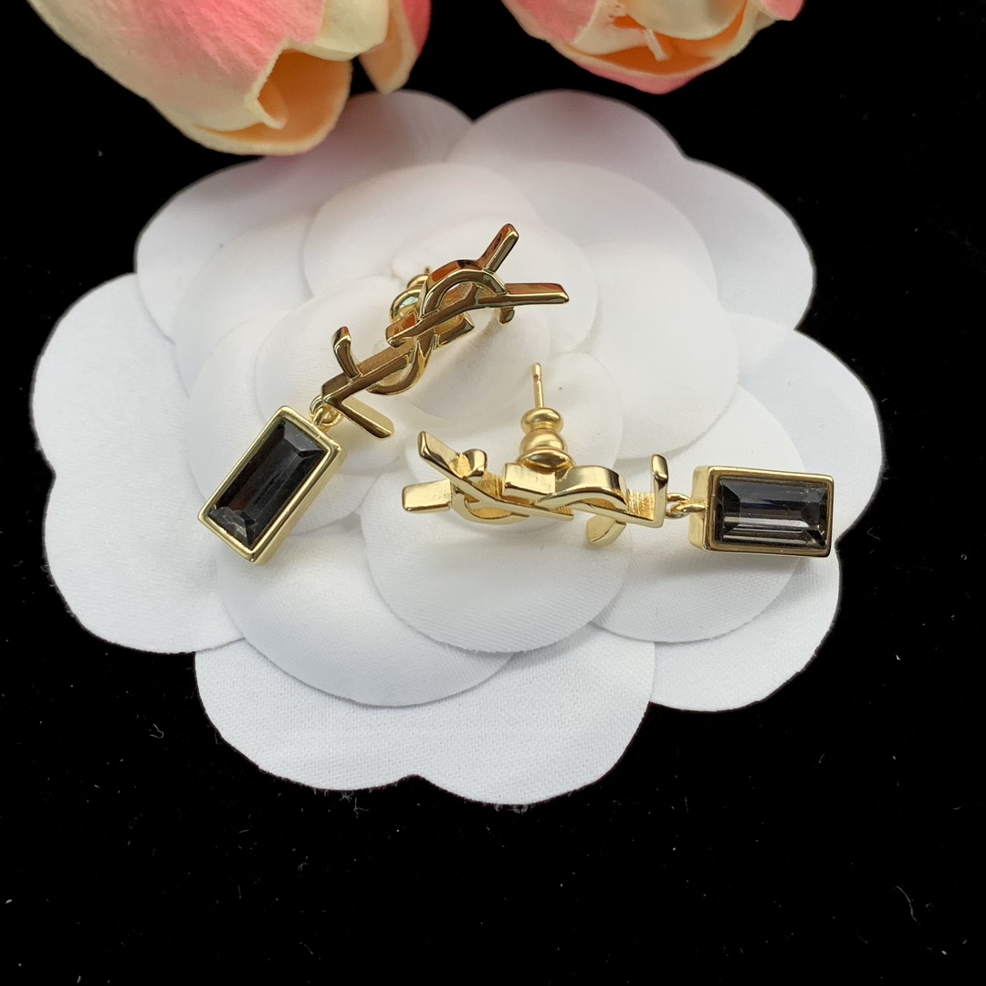[TOP] Yves Saint Laurent YSL Metal Gemstone Stud Earrings - YSL