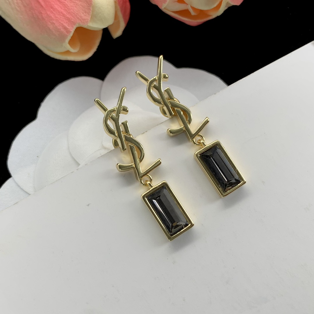 [TOP] Yves Saint Laurent YSL Metal Gemstone Stud Earrings - YSL