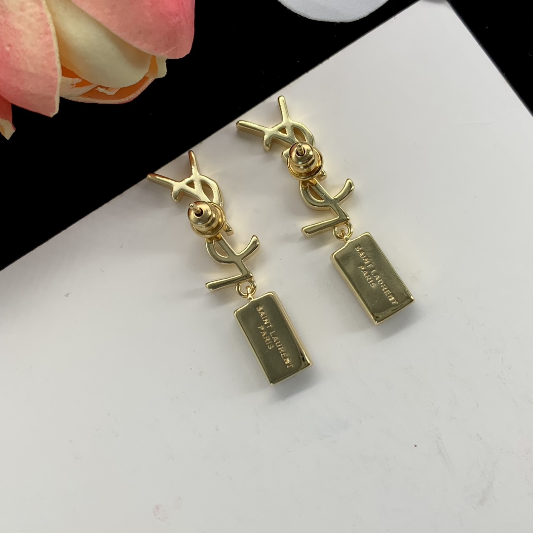 [TOP] Yves Saint Laurent YSL Metal Gemstone Stud Earrings - YSL