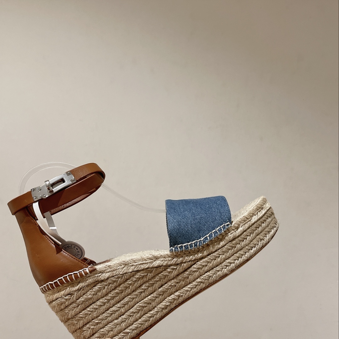 [TOP] HERMES straw plaited article Sandals - Blue