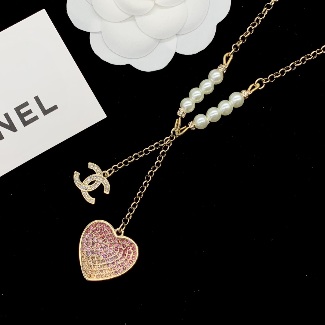 [TOP] CHANEL Pearl/Gold Chain/Heart Necklace
