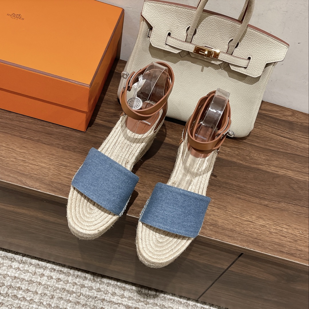 [TOP] HERMES straw plaited article Sandals - Blue