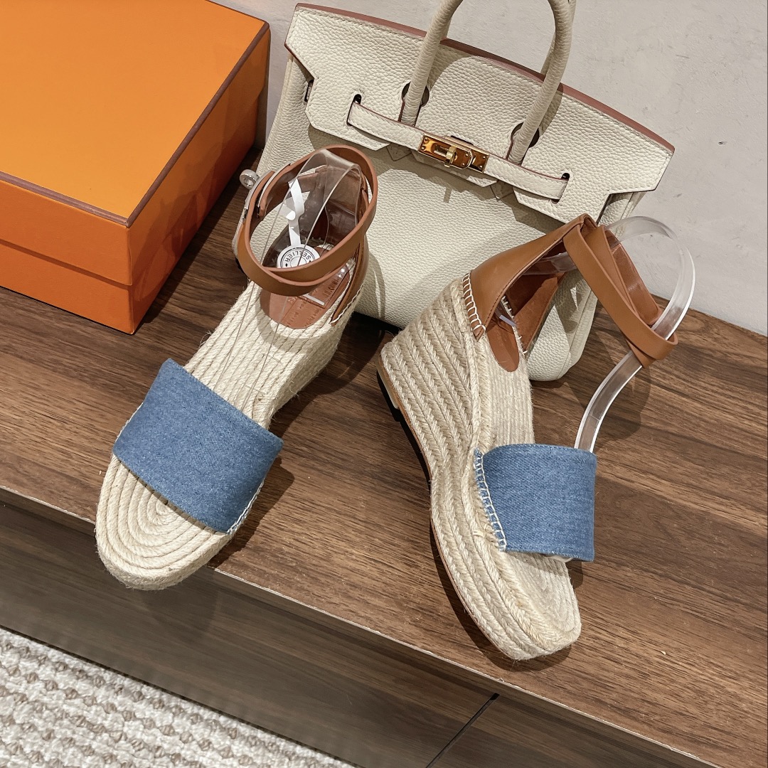 [TOP] HERMES straw plaited article Sandals - Blue